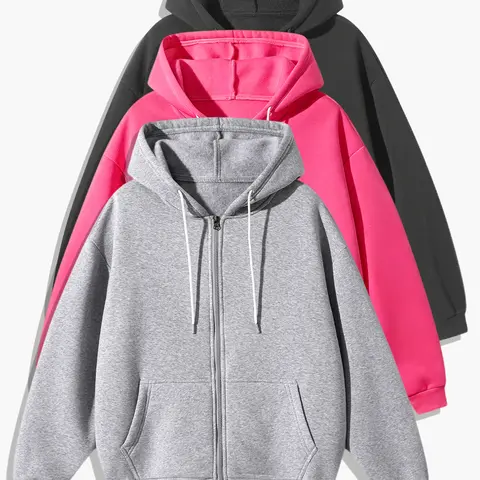 Unisex Oversized Full Zip Up Hoodie, Solid Plain Long Sleeve Kangaroo Pocket Loose Fit, Casual Daily Streetwear Hooded Sweatshirt Jacket for Men Women
