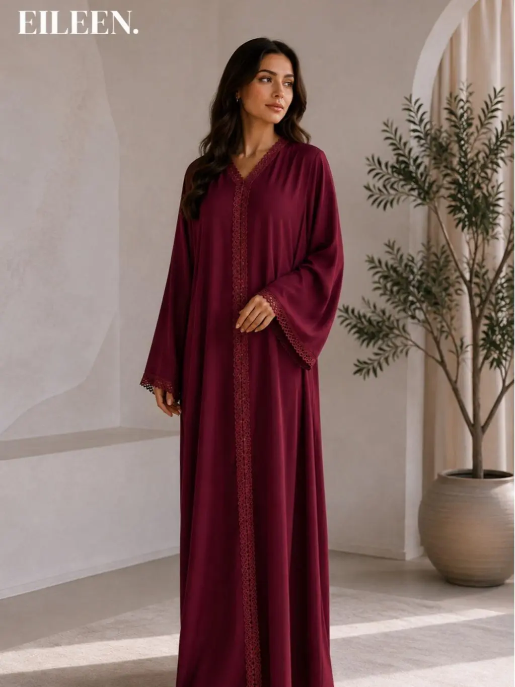 Women's Ethereal Lace-Trimmed Abaya, Modest Full-Length Islamic Clothing for Daily Wear