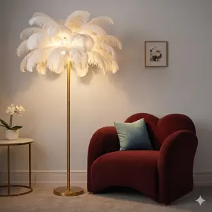 Luxury Ostrich Feather Floor Lamp, 160cm Tall Modern Standing Light with 58+ Extra-Full 45cm Lengthened Feathers, 3-Color G4 LED Bulbs, Gold Plated Arc Base for Living Room, Bedroom, Neutral Light
