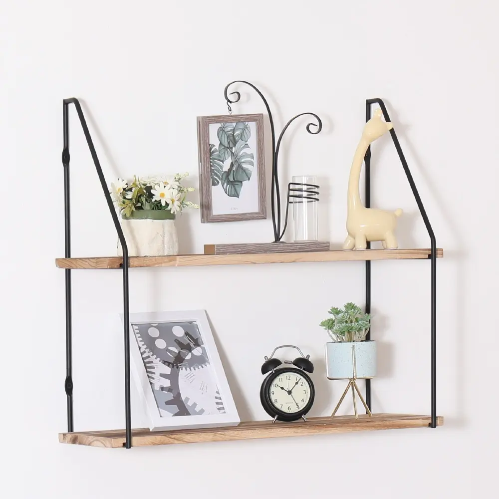 2-Tier Rustic Wood Gardenia Floating Shelf with Metal Bow Brackets, 23.6" L x 7.1" W x 20.8" H Wall-Mount Indoor Shelves for 10 - 15 Kg Loads, Wall Display Storage for Trophies, Photo Frames, Decor