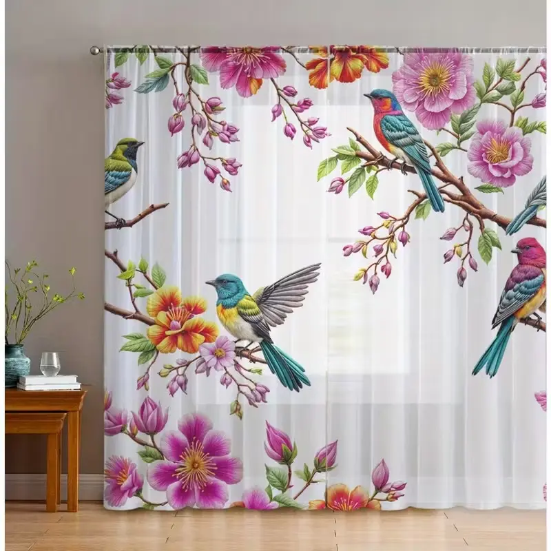 2-Piece Home Decor Curtains, Colorful Bird Design Drapes, Suitable for Kitchen, Cafe, Living Room, Dining Room, Balcony, Garden, Bedroom