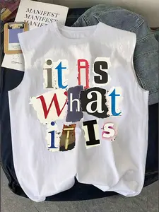 Men's Vintage Colorful Graffiti Letter Print Round Neck Fitted Vest, Casual Summer Breathable Comfort Top, Daily Wear Sleeveless T-Shirt