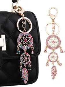 New Dream Catcher Creative Diamond-encrusted Hollow Feather Keychain Car Bag Pendant Metal Gift