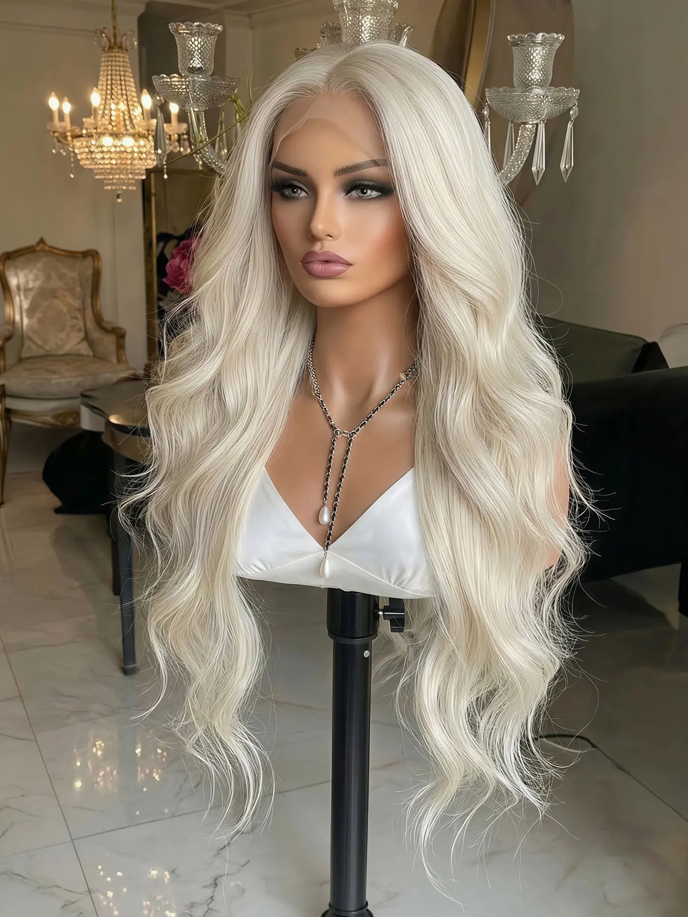 Topshe 13x6 Lace Front Wig, Gradual Platinum Color, Heat Resistant Silk, Invisible Hair Roots, Long Wigs, Suitable for Office Workers, Water Wavy Wig, Synthetic Hair Wigs