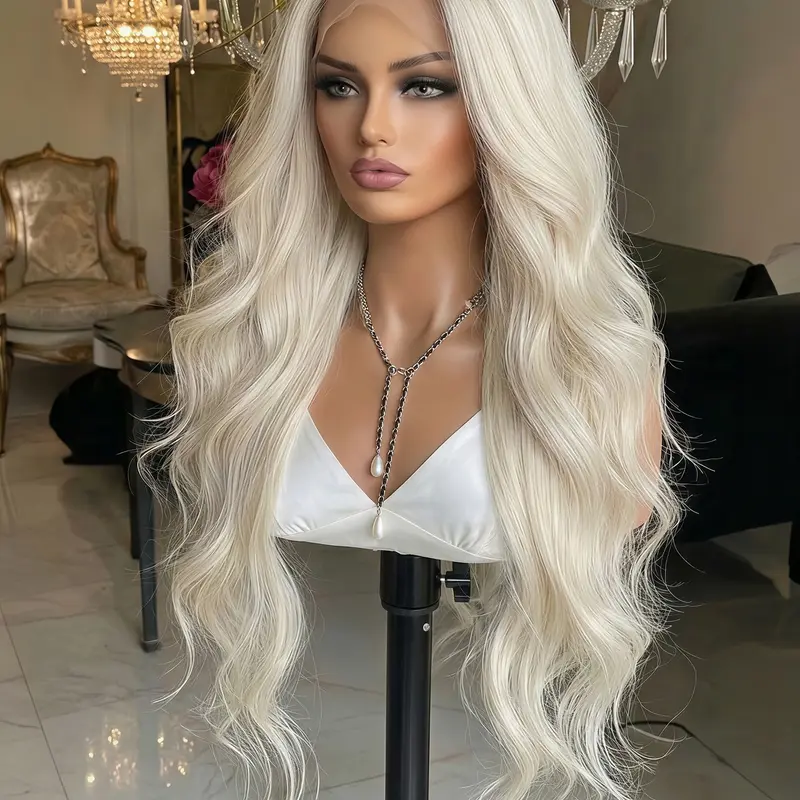 Topshe 13x6 Lace Front Wig, Gradual Platinum Color, Heat Resistant Silk, Invisible Hair Roots, Long Wigs, Suitable for Office Workers, Water Wavy Wig, Heat Friendly Wig, Synthetic Hair Wigs