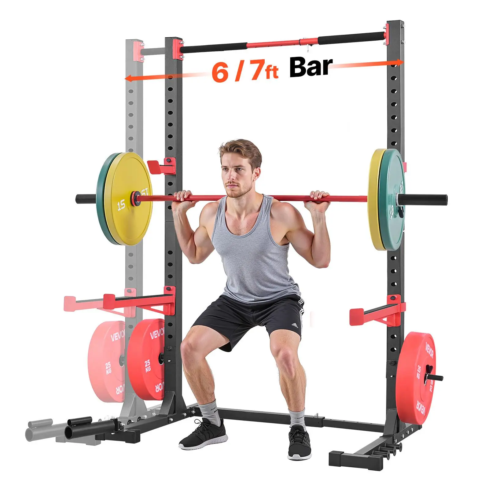 VEVOR Power Cage Rack, Multifunctional Squat Rack for Home Gym, Width-Adjustable Workout Strength Training Equipment with 6 Band Pegs, Landmine Attachment & Safety Bars for Bench Press Squats Pull-Up