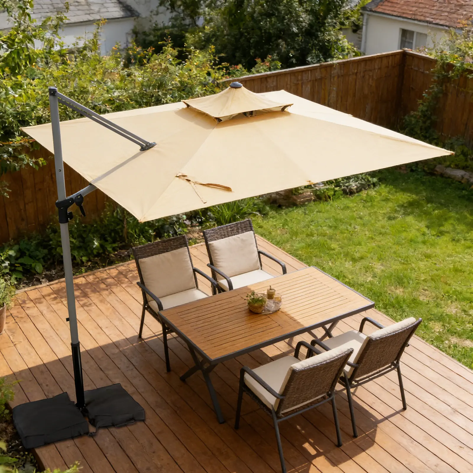 Patio Umbrella, Rectangle Outdoor Cantilever Umbrella, Aluminum Offset Umbrella with Champagne Frame for Pool Deck Garden Outdoor shade for Garden Deck Pool Patio, Beige(Weighted Base Not Include)