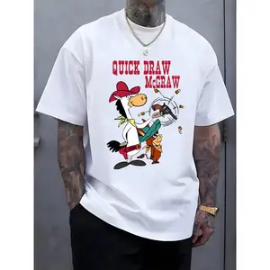 Men's Casual Short Sleeve Crew Neck T-Shirt, Quick Draw Mc Hawk Cartoon Print, Light Gray, Ideal for Summer Outdoor Activities, Summer T Shirts