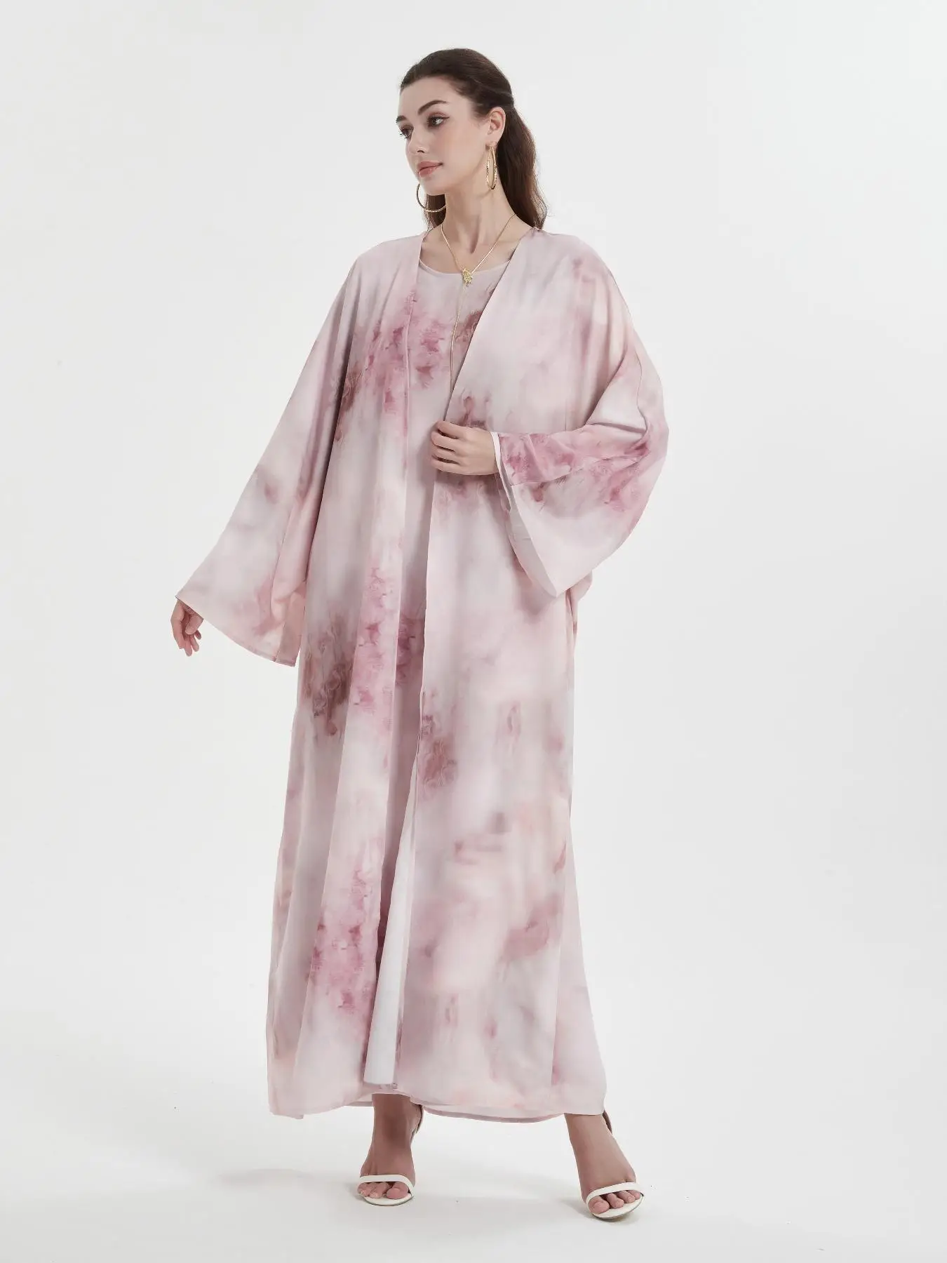 Women's All Over Print Long Sleeve Coat & Long Sleeve Dress, Elegant Open Front Long Overcoat & Dress for Daily Wear, Ladies Islamic Clothing Set for