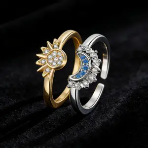 2pcs 14K Gold & Silver Plated Sun and Moon Matching Ring Set for Couples, Adjustable Stackable Promise Rings with Cubic Zirconia & Blue Sapphire, Hypoallergenic 925 Sterling Silver, Trendy Celestial Jewelry, Anniversary Valentine's Day Gift for Her Him