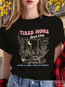 Women'S & Men'S Funny Book Mom Life T-Shirt - Oversized 220gsm Heavyweight Tee with Book Club Design, Coffee & Reading Quotes, Book-Themed Slogan "Tired Moms Book Club" & "Chaos & Chapters" - Retro Book Lover Gift for Avid Readers