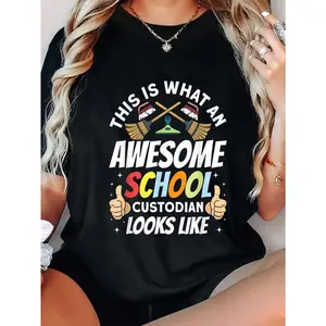 Awesome School Custodian Graphic T-Shirt for Women - 100% Cotton Crew Neck Short Sleeve Casual Tee with Colorful Print