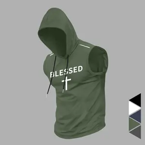 Men’s summer fiber sleeveless hooded T-shirt; quick-dry sportswear; breathable, stretchy athletic wear; slim-fit men’s quick-dry sports tank top with print; summer vibe