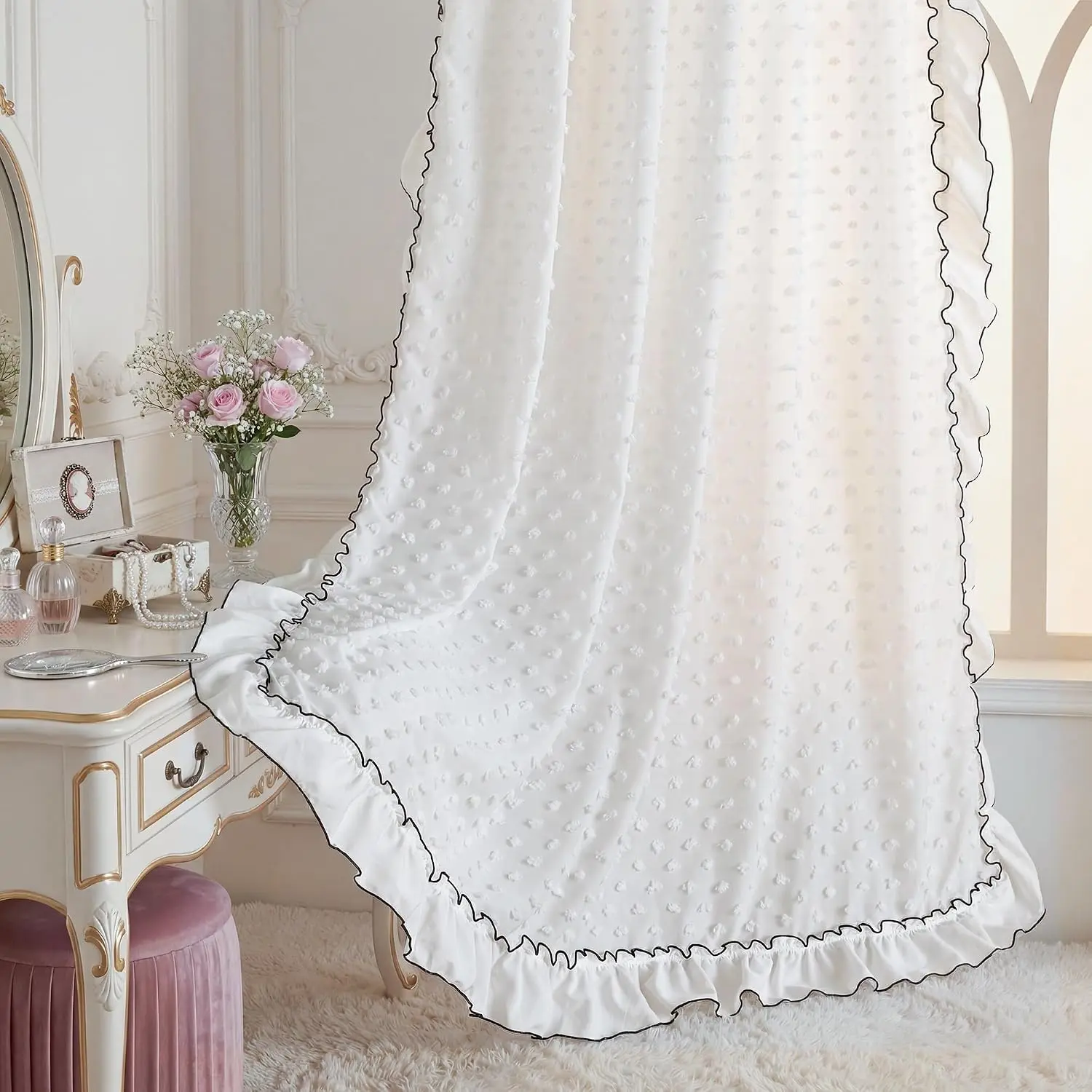 White Ruffle Curtains Coquette W52 x L84 Inch, 2 Panels| 3D Pom Pom Drapes for Girls Bedroom, Dreamy Fairycore Window Treatments for Room