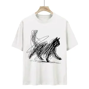 Abstract Cat Line - Drawing Printed T-Shirt for Women Men |   Casual Short Sleeve Top, Whimsical Sketchy Cat Graphic, Modern Retail Style Tee, Crew Neck, Regular Fit, All-season Wear