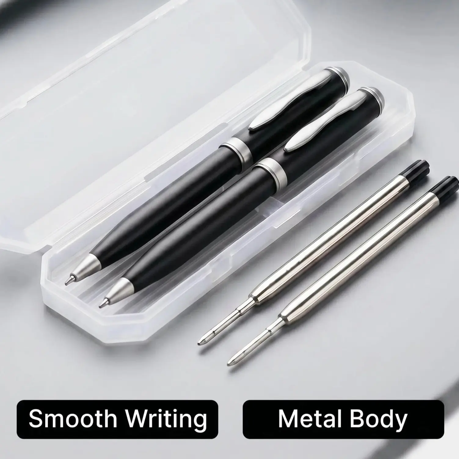 2 Pcs Retractable Metal Ballpoint Pens, for Gift, Business, Office, 1.0mm Medium Point Black Ink, 2 Extras Replaceable Metal Refills