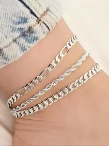 3 Piece Minimalist Fashion Anklet Set, Alloy Chain, American Retro Style, Perfect for Beach Vacation & Daily Wear, Layered Anklet, Dainty Layered Anklet