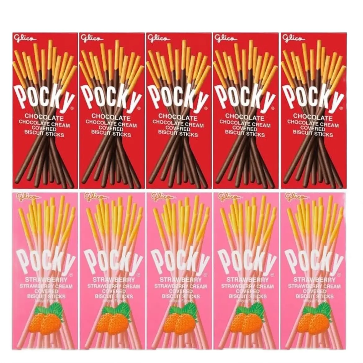 10 Packs (2 Flavors) Glico Pocky Chocolate and Strawberry Cream Covered Biscuit Sticks 1.41 oz Each -  Snack
