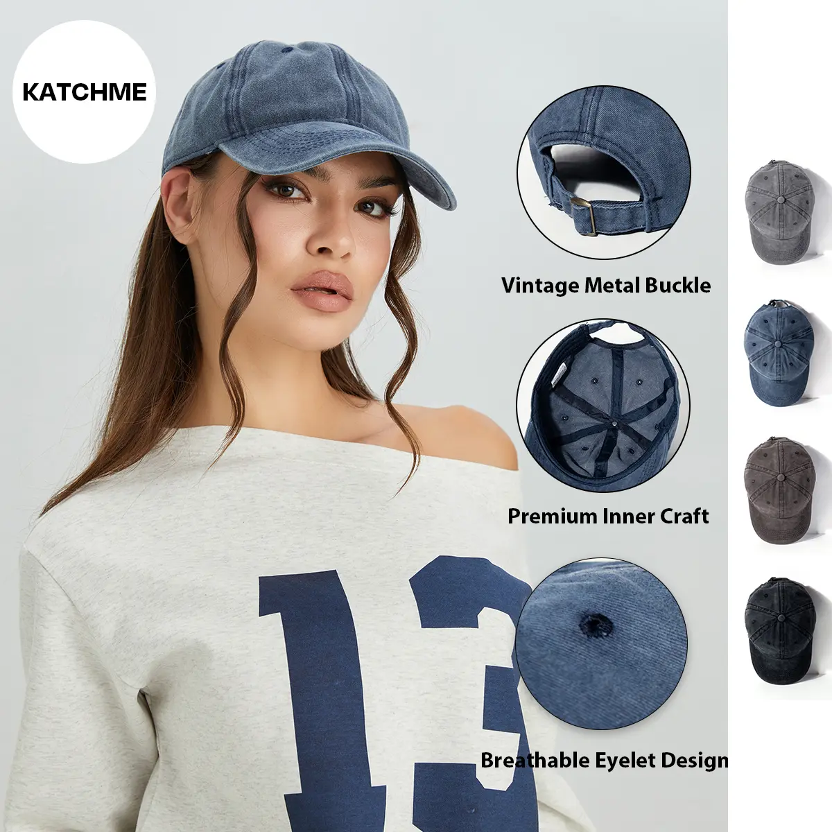 KatchMe Women's Vintage Washed Solid Color Adjustable Baseball Cap, Retro Buckle Sports Cap, Versatile Breathable Lightweight Hat