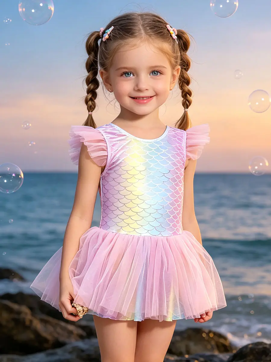 Girls' Tutu Swimwear with Holographic Mermaid Scales & Ruffle Sleeves, 1-Piece Elastane Knit Suit for Beach/Pool Fun, Includes Free Cap
