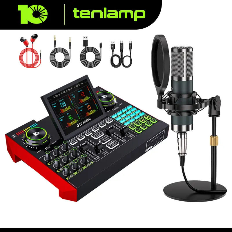 Tenlamp P15-G10 Multi-Function Portable Audio Interface Amplifier Kit - P15 Wired Condenser Mic, Plug-and-Play Analog Multi-Channel Mixer with Built-in Amplifier, USB Port Sound Board, OTG Cable for Smartphone Podcasts, Live Performances, P15-G10 Kit
