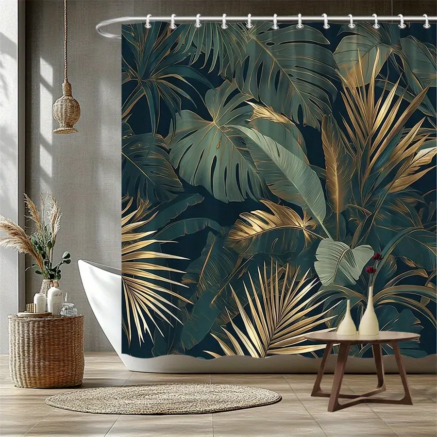 Tropical Jungle Bathroom Curtain - Large Vibrant Monstera & Palm Leaf Designs with Golden Accents on Dark Backdrop, Shower Curtain Set, Ideal Gift for Home Bathroom Supplies, Industrial