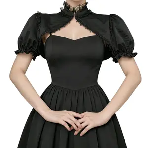 Western Crop Shrug Cardigan for Women - Black Mock Neck Puff Short Sleeve Ruffled Grunge Goth Bolero Tops for Bridal Evening Dresses
