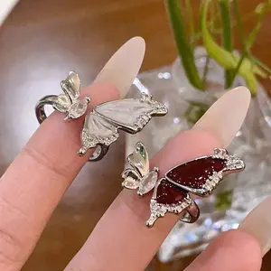 Korean Red Drip Oil Butterfly Rings For Women Exquisite Shiny Crystal Opening Adjustable Finger Ring Y2K Jewelry Gifts