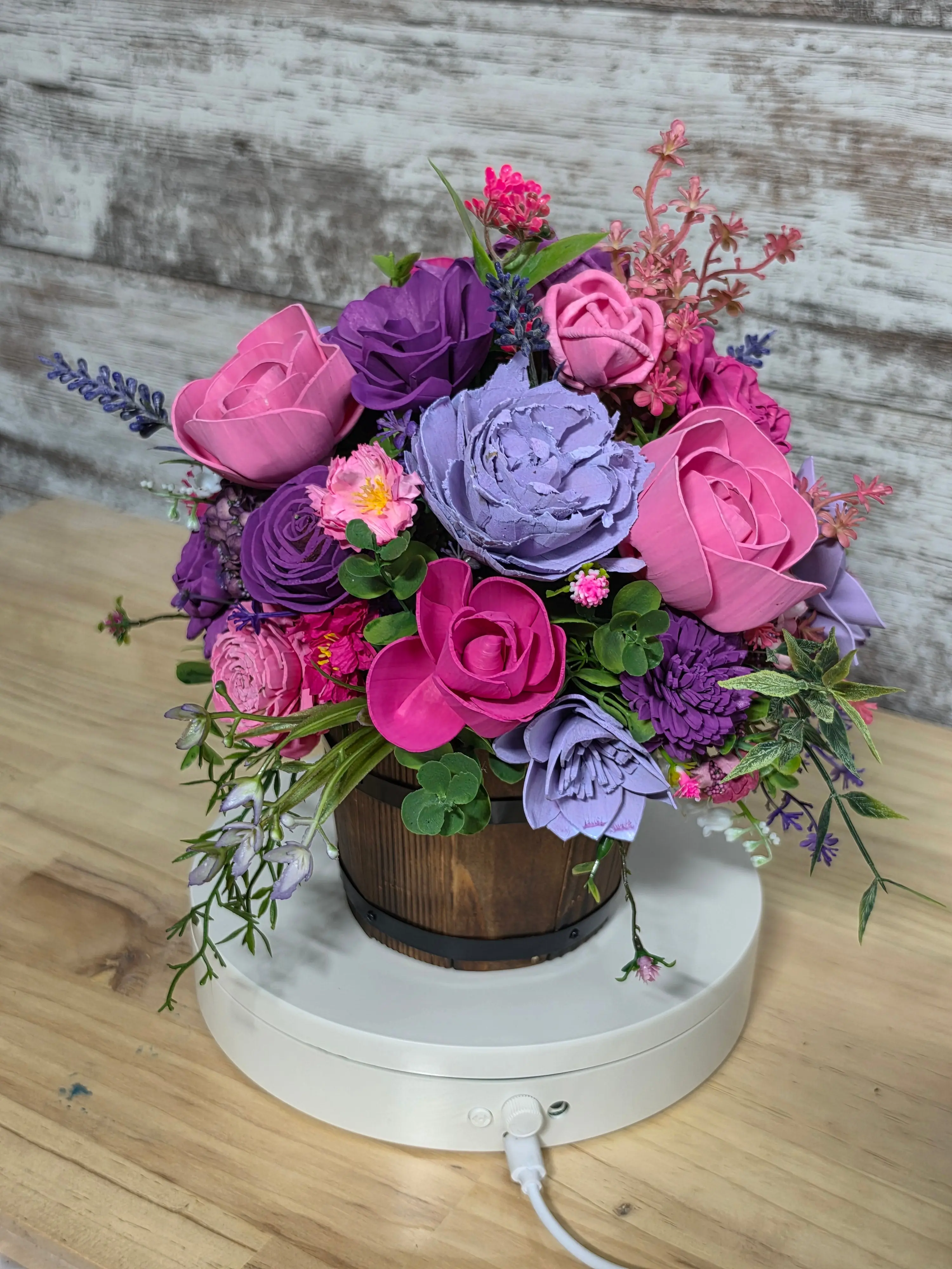 Berry Blooms Sola Wood Flower Arrangement in Wooden Barrel - Home Decor Centerpiece, Wedding Table Decor, Ideal Gifts for Enthusiasts