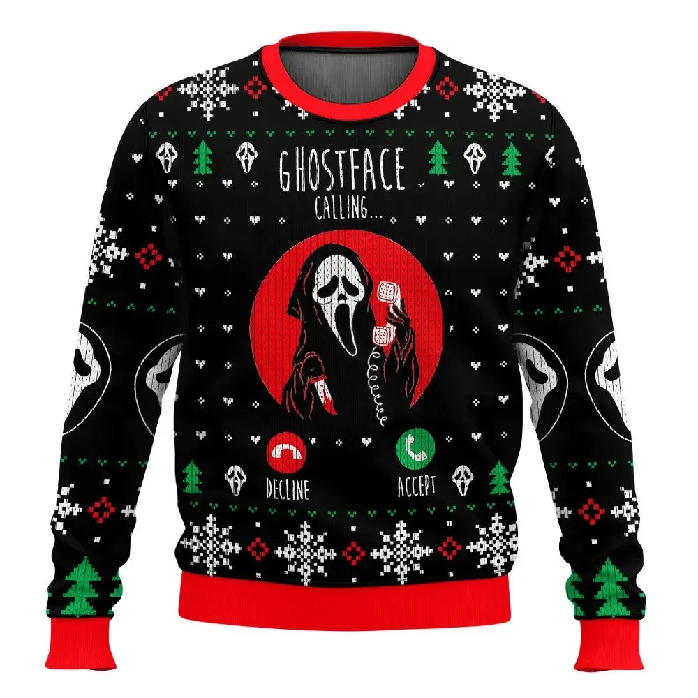Ghostface Calling Ugly Christmas Sweater 3D Horror Movie Phone Call Funny Scary Xmas Sweatshirt Halloween Streetwear Casual Warm Oversized Comfy Gift For Men Women Winter Fall Holiday