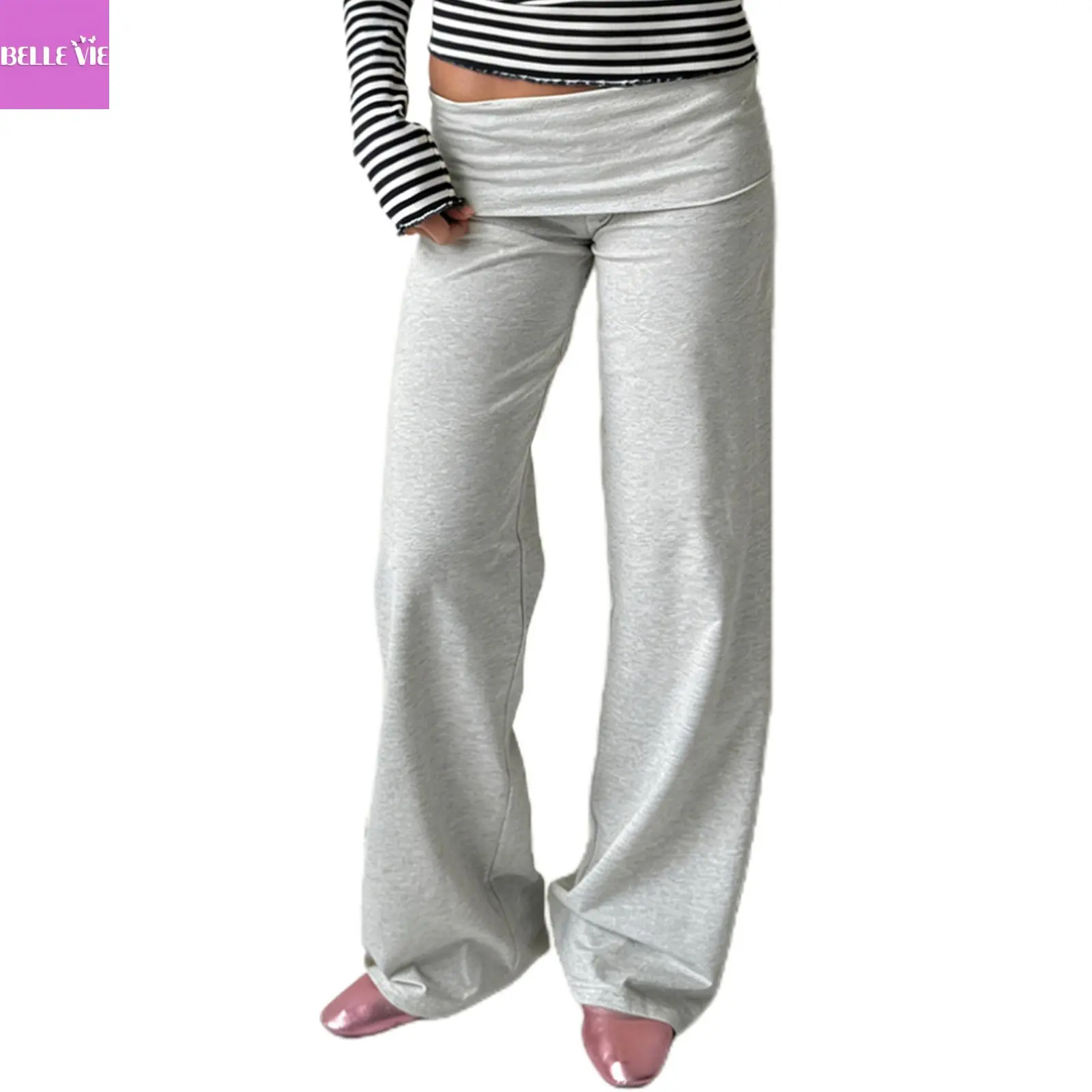 Women's Casual Wide Leg Foldover Trouser - Solid Color Loose-Fit Polyester Sweatpants, Light Basic Bottoms with Wide Leg Cut for Spring and Fall