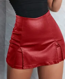 Sexy High Stretch Women's Bodycon Mini Denim Skirt Skort, Solid Color Split Hem Coated, High-Waisted, Stretchy, Fashion Jeans Clothing