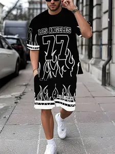 Men's Digital Print Summer Sportswear Set, Round Neck Short Sleeve T-Shirt & Drawstring Waist Shorts, Casual Fashion Two-Piece