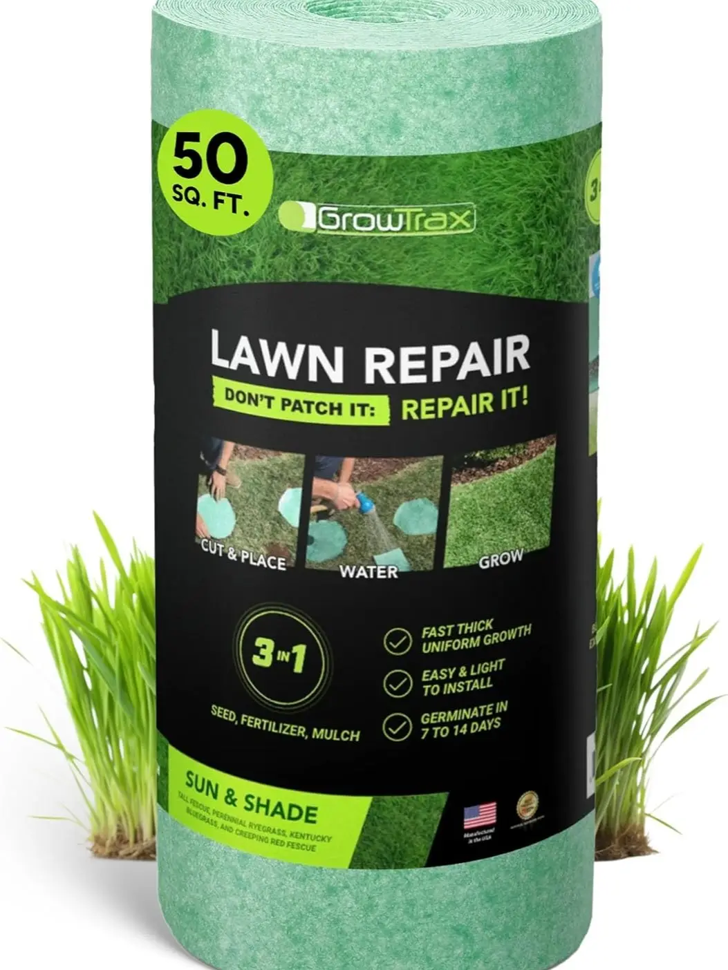 Growtrax Biodegradable Grass Seed Mat, Year Round Green - 50 Sq Ft Quick Fix Roll - Growing Solution for Lawns, Dog Patches and Shade - Just Roll Water & Grow -Not Fake or Artificial Grass