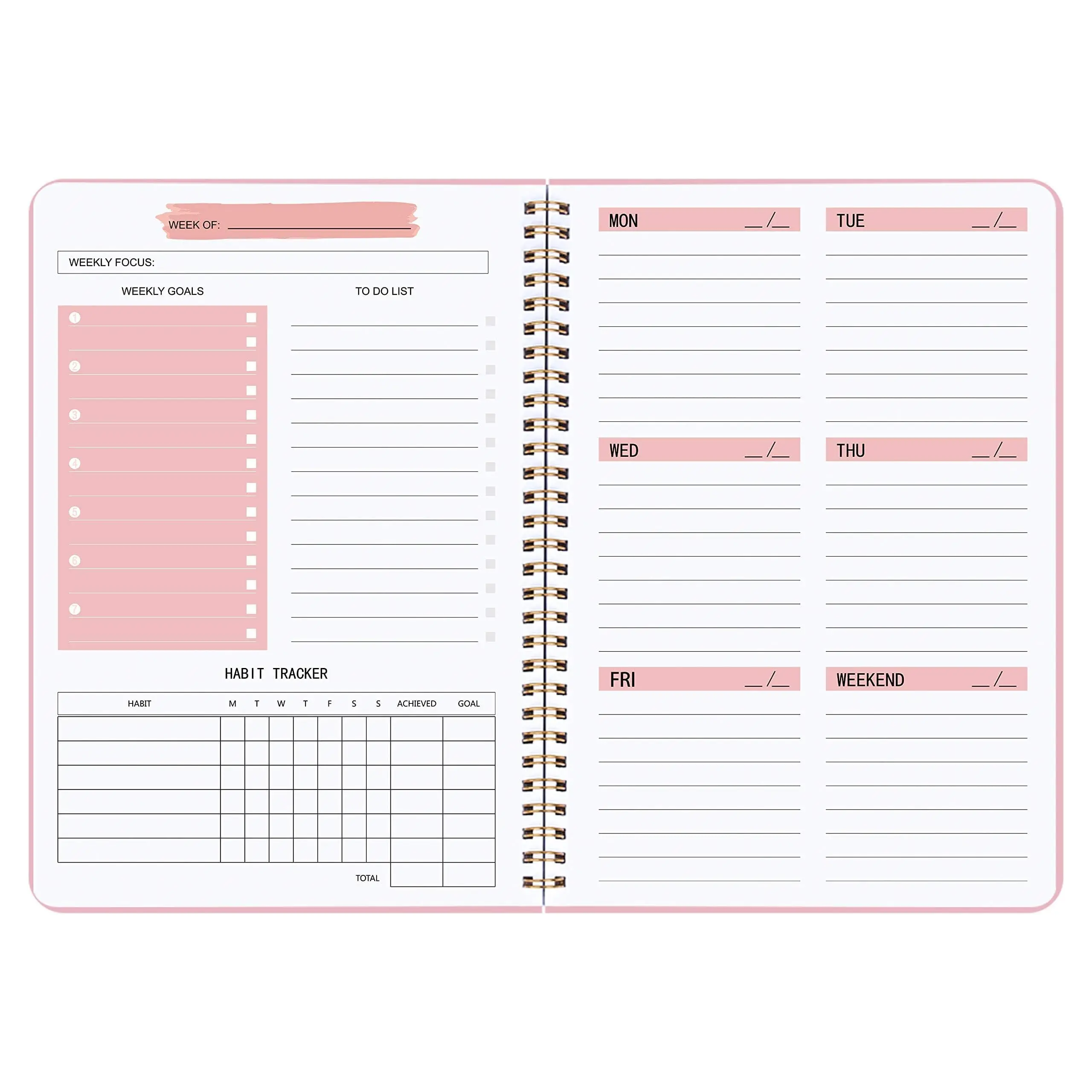 Undated Spiral-Bound A5 Planner Notebook - 5.7x8 in, 52 Weeks Weekly To-Do List, Habit Tracker, Rose Gold, Easy to Carry, Acid-Free Office Stationery Organiser, Productivity Planner
