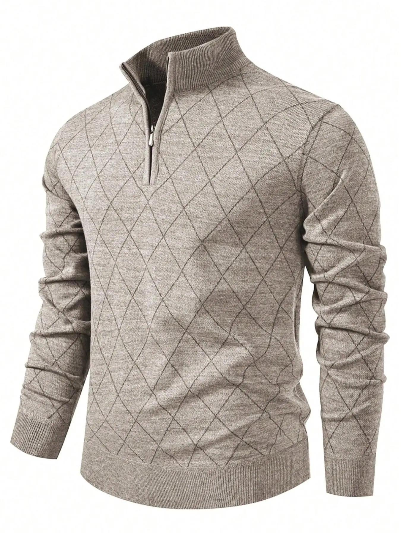Men's Argyle Pattern Half Zip Sweater, Regular Fit Casual Long Sleeve Jumper for Daily Outdoor Wear, Men Casual Fashion Knitwear for All Seasons, Knitted Pullover