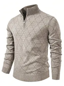 Men's Argyle Pattern Half Zip Sweater, Regular Fit Casual Long Sleeve Jumper for Daily Outdoor Wear, Men Knitwear for All Seasons, Knitted Pullover