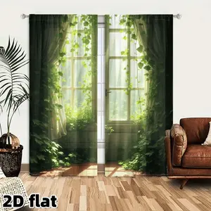 2D Flat 2Pcs Green Vine Window Curtains Nature Forest Botanical Panel Drapes Sunlight Filtering Treatment Blackout Home Decoration for Living Room Bedroom Kitchen Covering Easy to Install Washable Privacy Protection