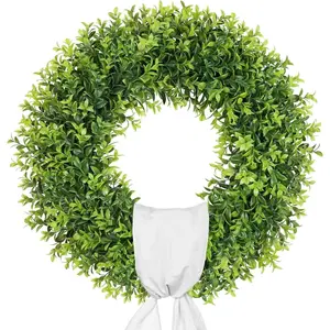 24 Inch Large Boxwood Wreath Summer with Sash Artificial Green Wreaths for Front Door Farmhouse Wedding Window Wall All Year Round Indoor & St Patrick's Day
