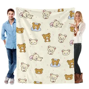Kawaii Rilakkuma Blanket! Plush Flannel with Adorable Bear Characters & Pink Polka Dots | Ideal for Cozy Nights In, Anime Gifts & Cute Home Decor