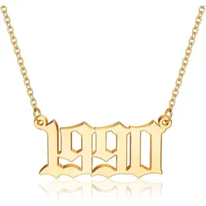 Birth Year Necklace for Women, 18K Gold Plated Old English Birth Year Number Pendant Necklace Jewelry Gifts for Women Birthday Anniversary, 1970-2021