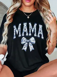 100% Cotton 1pc Women'S Casual Crew Neck T-Shirt With "MAMA" Alphabet And Bow Print, Cotton Knit Fabric, Regular Length, All-Season Short Sleeve Top