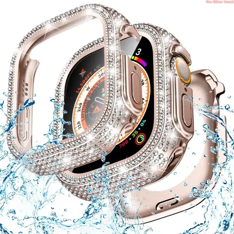 EYWXND Smartwatch Protective Case - Full Cover Rhinestone-Inlaid Waterproof Protector with Tempered Glass Shell (38mm/40mm/41mm/42mm(s10/11)/44mm/45mm/46mm/49mm), Stylish Wearable Tech Smartwatch Accessories, Daily DIY Bag Add-On (No Device Included)