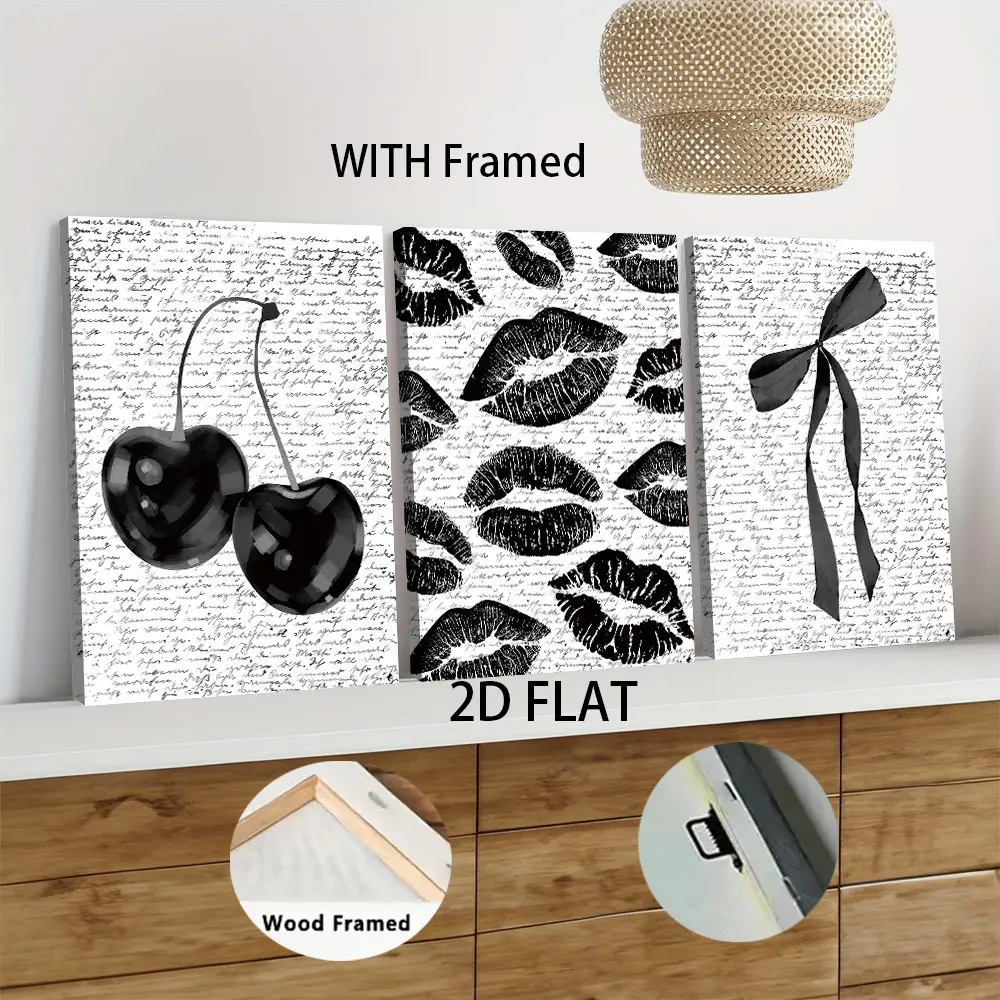 3pcs Framed  Modern Minimalist Black and White Cherry Canvas Wall Art with Solid Wood Frame Nordic Style Home Decor Painting for Living Room 40x50cm No Glass Eco-friendly Print 2D Flat home decor