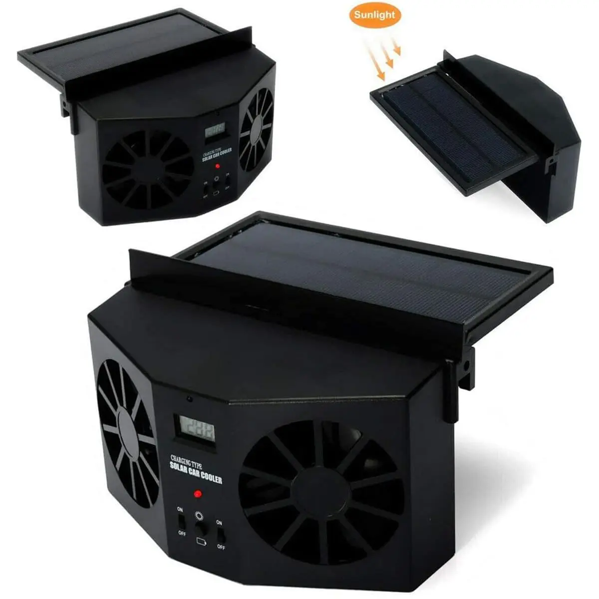 Black Solar Powered Car Window Vent Fan with Dual Air Outlets, 4500RPM Auto Air Exhaust Cooler, Adjustable Solar Panel Built-in 2AA 1200mAh Battery, Temperature Display On/Off Switch Odor Removal Ventilator for Vehicle Interior
