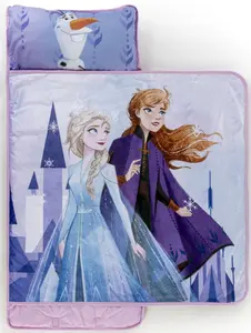 Jay Franco Kids Nap Mat with Embedded Pillow & Blanket  Frozen Soft 46"x20" Microfiber Sleeping Bag with Name Tag & Handle for School, Travel, Sleepover, Purple