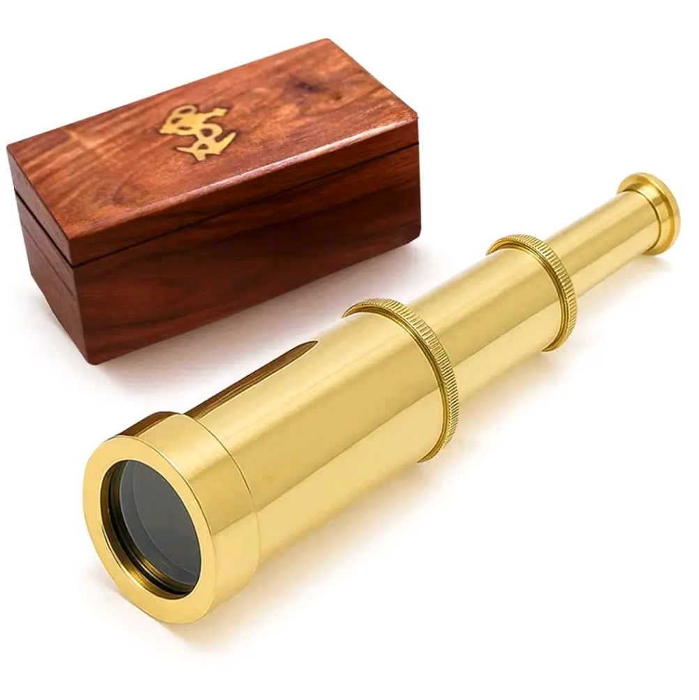 6 Inch Brass Telescope with Wooden Box for Nautical Collectibles and Pirate Spyglass for Young and Adults, Ideal Decorative Piece for Home or Office