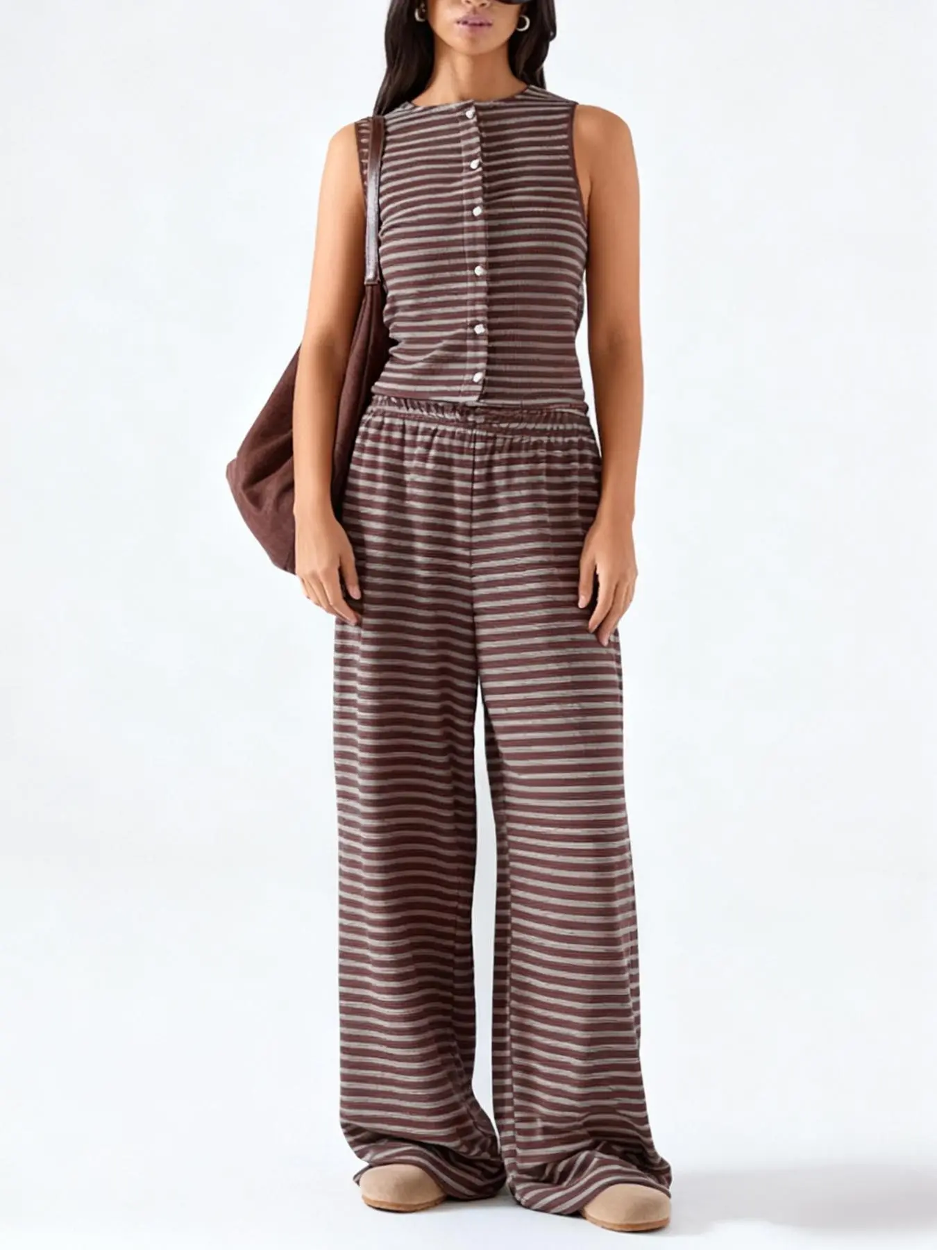 Women's Striped Wide-Leg Sleeveless Fitted Top Pants Set, Casual All Season Loungewear Set, Casual Loose-Fitting Design, Perfect for Daily Wear & Street Style, Comfortable All-Day Use Womenswear