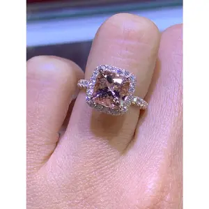 14K Rose Gold Diamond Halo Ring with 2.00 Carat Cushion Cut Morganite Engagement Ring