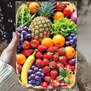 2D Flat, 12inch Piece Metal Wall Art Plaque- Vibrant Fruit and Vegetable Still Life Painting, Rustic Tin Sign for Indoor/Outdoor Decoration, 8*12inch Kitchen, Dining Room, Garden Decoration, Kitchen Decoration